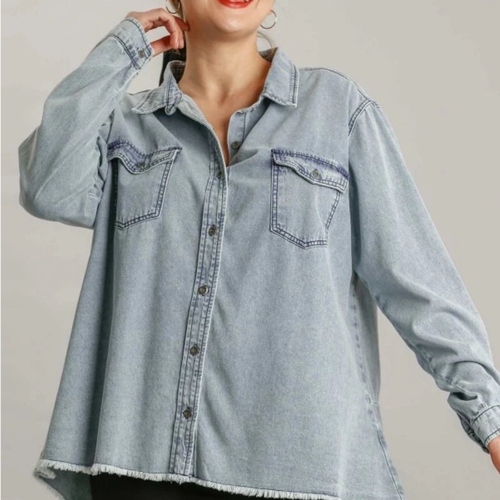 Button down light denim shacket